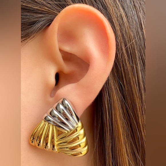 Two Tone Triangle Earrings*Statement Earrings*Minimalist Chunky Earrings*JD - Picture 7 of 8